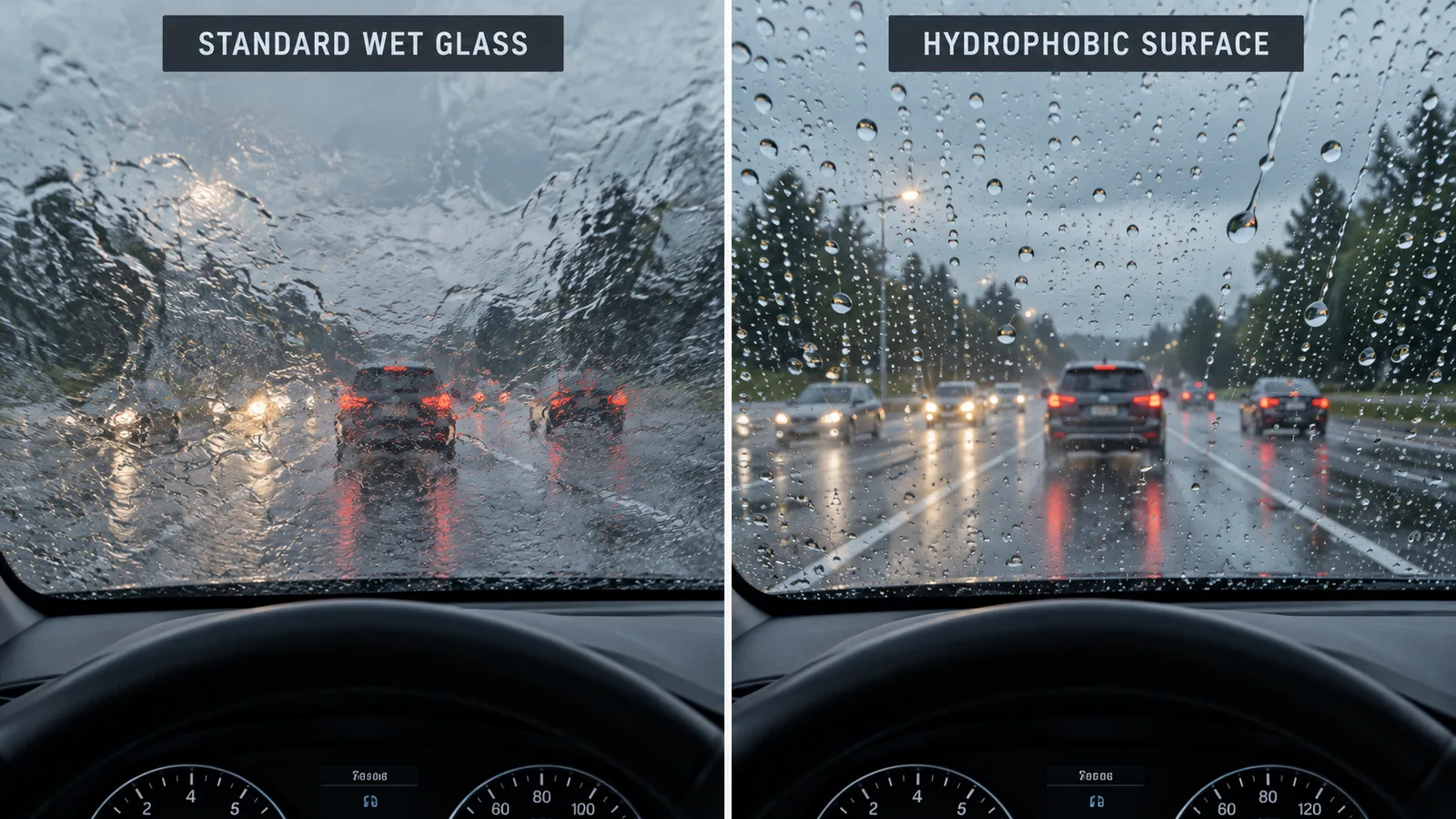 Illustrative comparison showing water spreading on standard glass and beading on a hydrophobic windshield protection film surface.