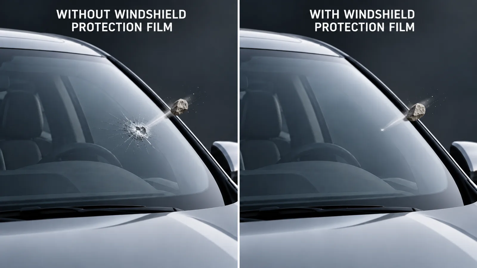 Illustrative comparison of road debris striking an unprotected windshield versus a windshield with a transparent protective film layer.