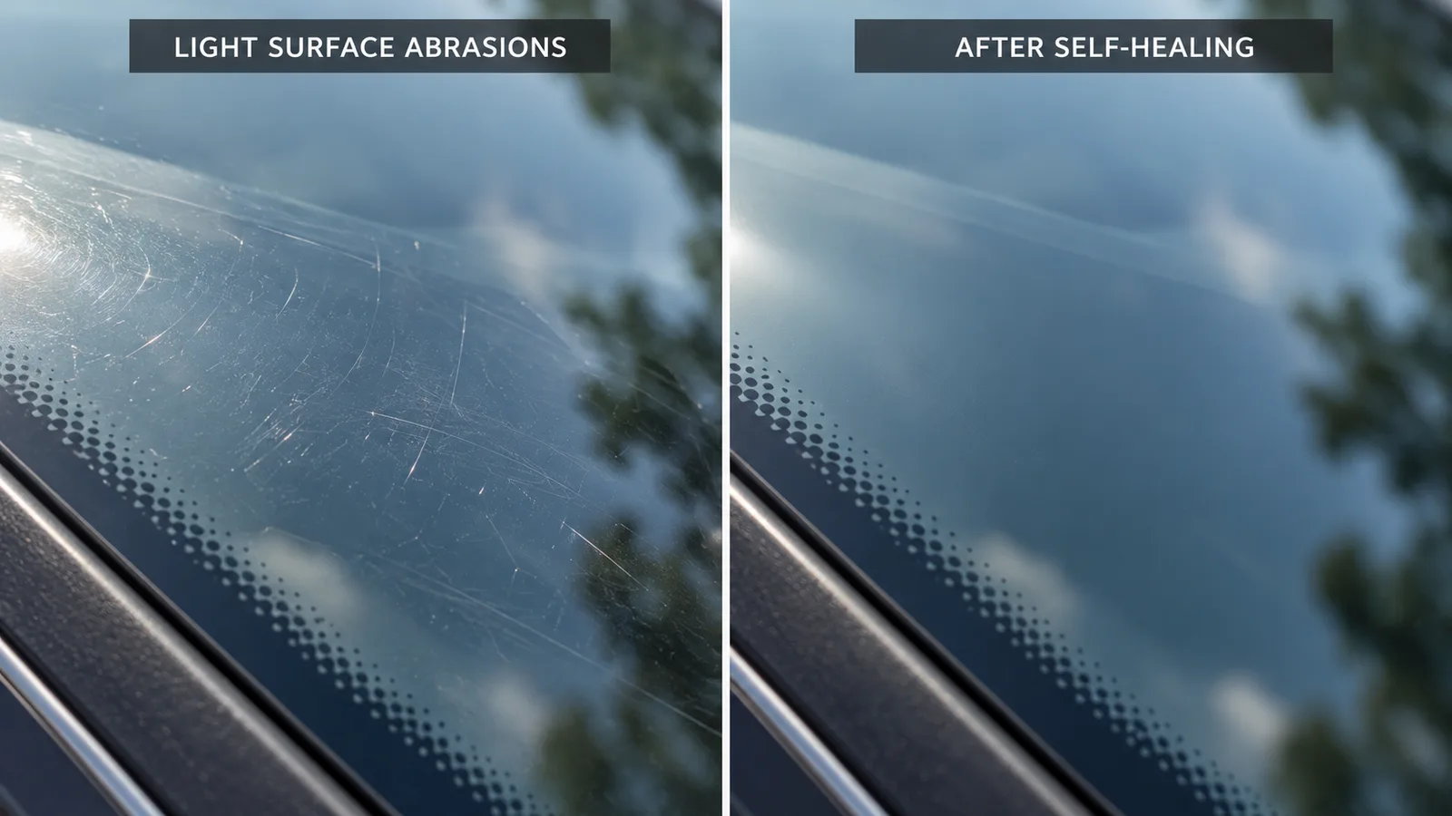 Illustrative before-and-after view of light micro-scratches on a self-healing windshield protection film topcoat.